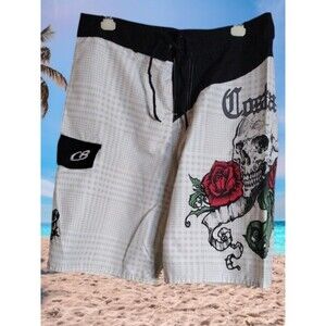 Costa Blanca White Board Shorts with Skull & Red Rose Graphic Size Small